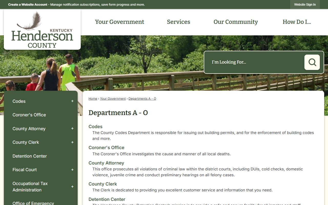 Henderson County departments page listing detention center and county attorney offices