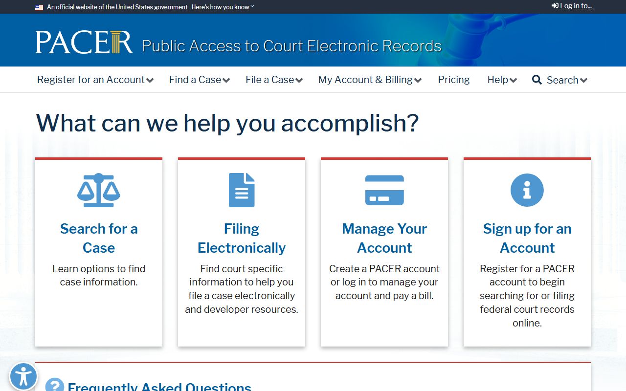 PACER federal court docket access portal